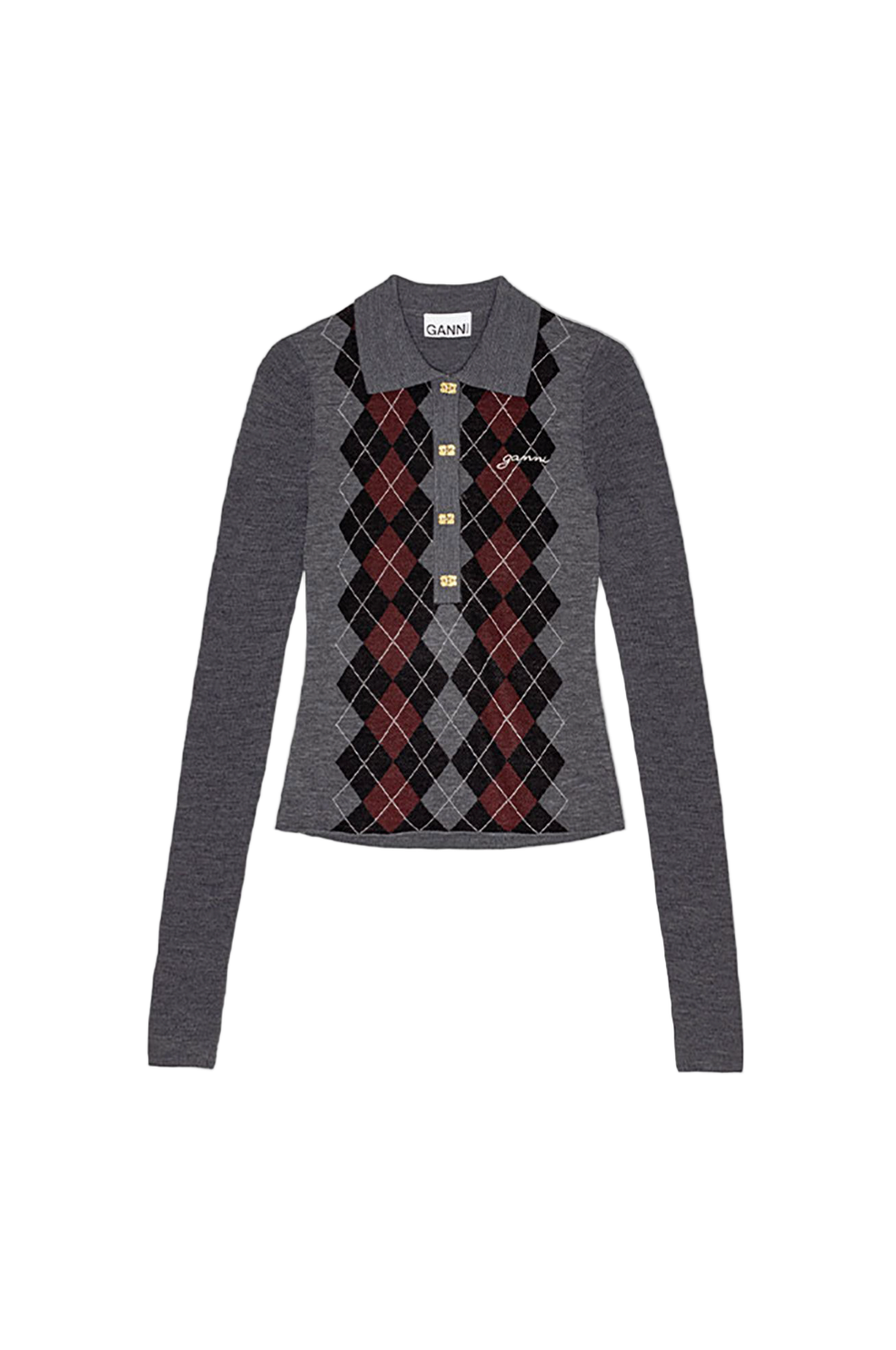 Ganni Grey Knitted Polo Shirt