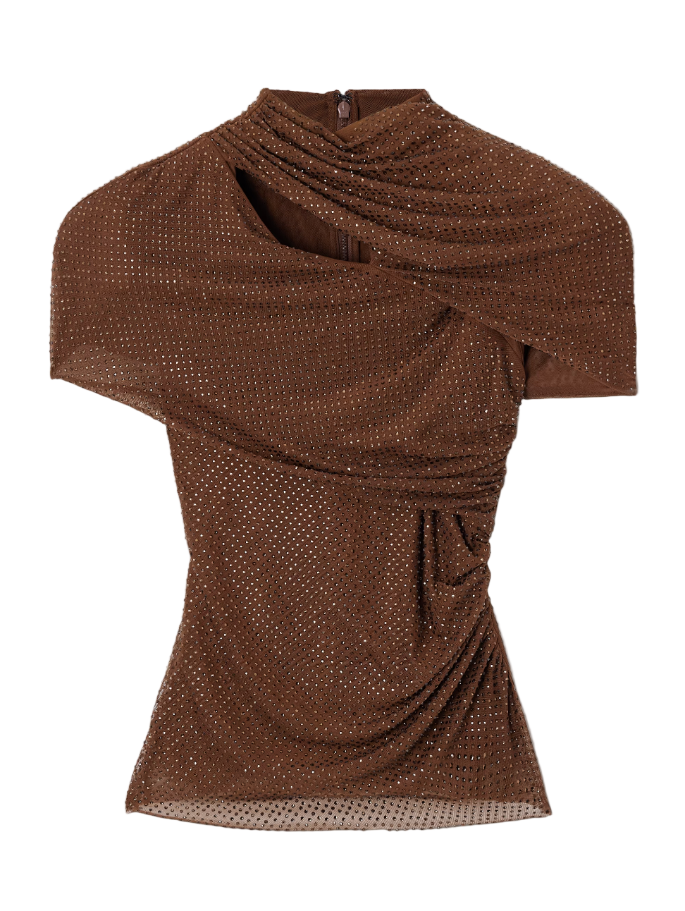 Self-Portrait Gathered Cutout Crystal-Embellished Mesh Top