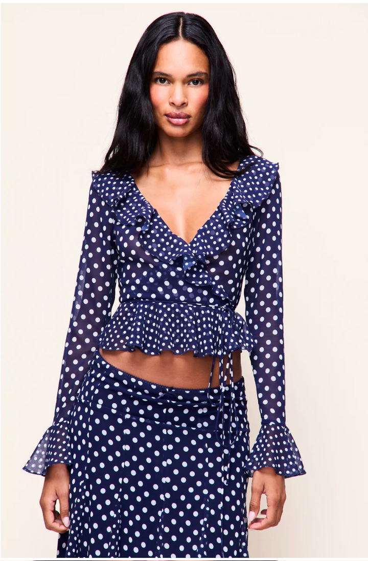 Guizio Mallorca Ruffle Wrap Set in Navy Mixed Polka Dot - Size XXS