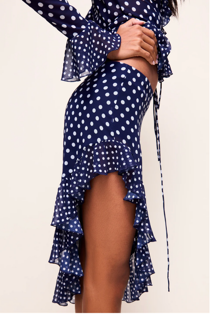 Guizio Mallorca Asymmetrical Skirt in Navy Mixed Polka Dot - Size XS