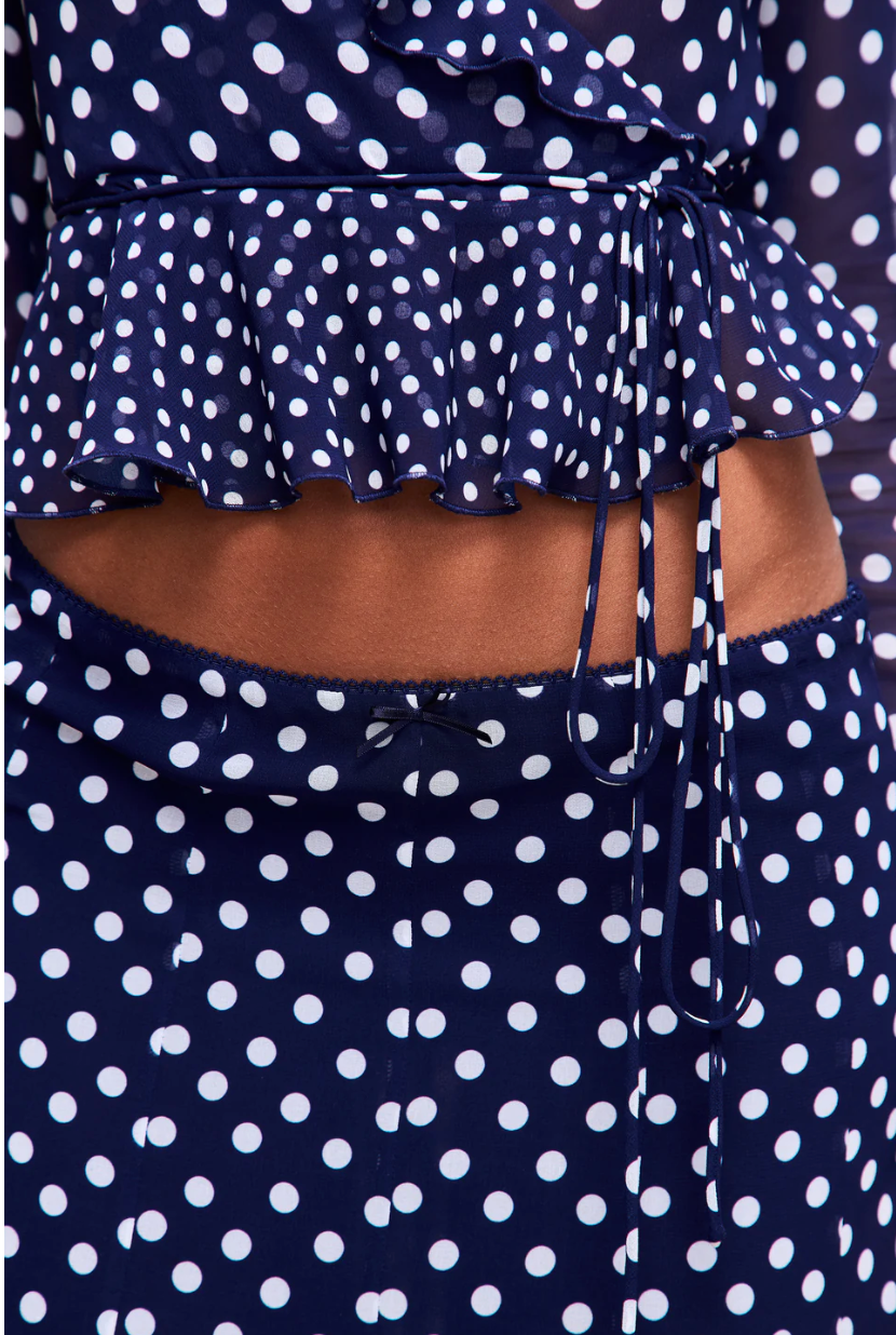 Guizio Mallorca Ruffle Wrap Set in Navy Mixed Polka Dot - Size XXS