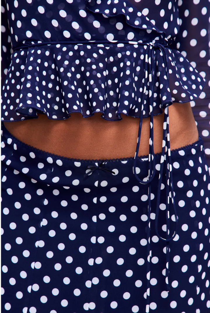 Guizio Mallorca Ruffle Wrap Set in Navy Mixed Polka Dot - Size XXS