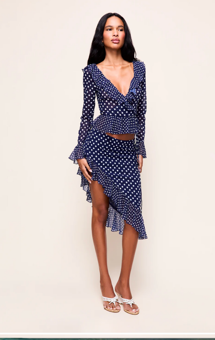 Guizio Mallorca Asymmetrical Skirt in Navy Mixed Polka Dot - Size XS