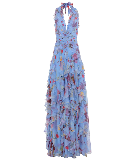Worn Once PatBO Lily Floral Flutter Halter Gown