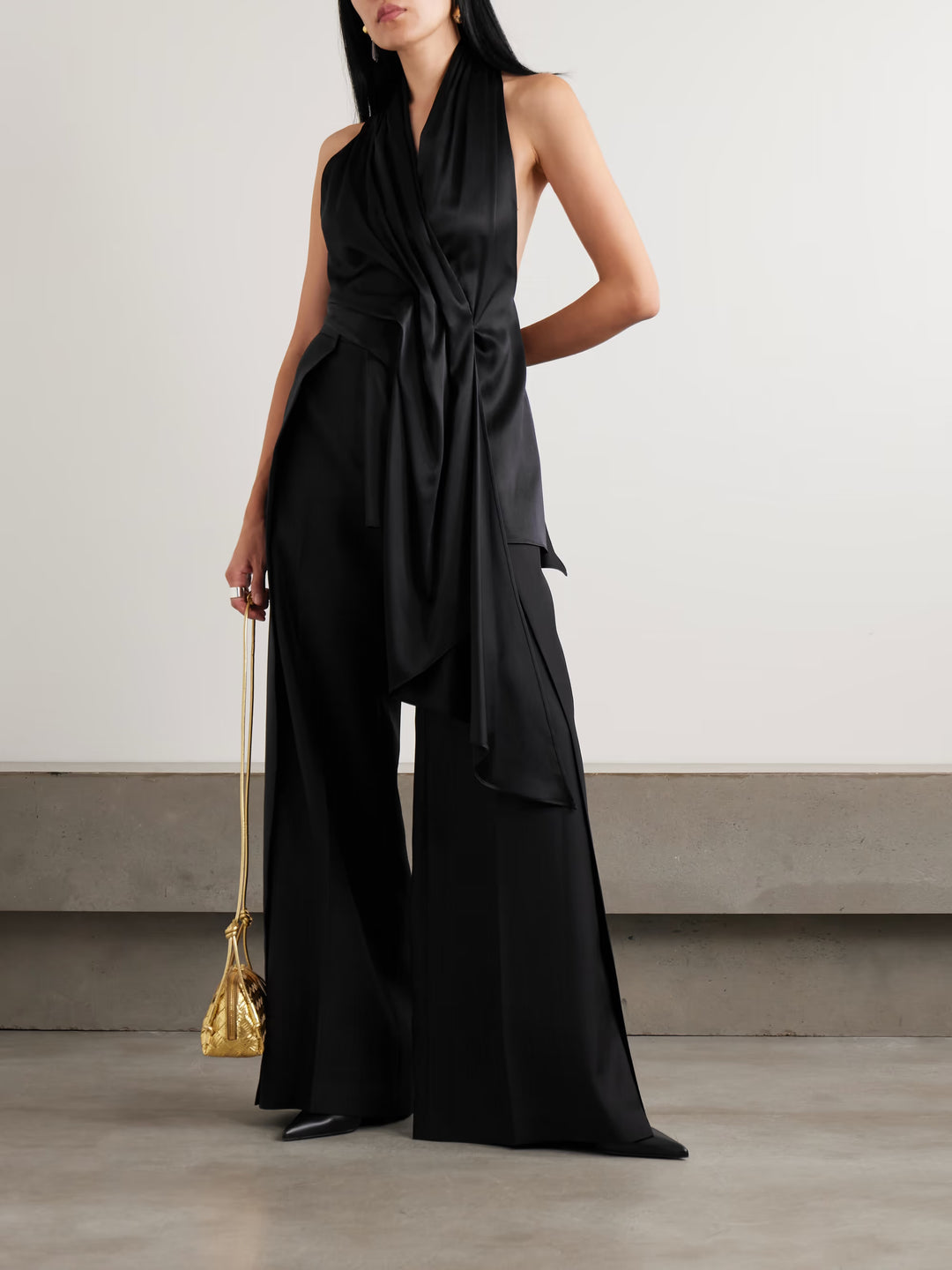 Heirlome Barbara Gathered Draped Silk-Satin Halterneck Blouse in Black - Size XS